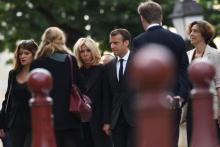 Emmanuel Macron, Brigitte Macron, Marlène Schiappa et Isabelle Severe aux obsèques de Jean-Claude Boulard, le 4 juin 2018