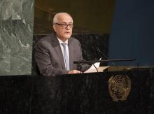 L'ambassadeur palestinien auprès des Nations unies Riyad Mansour, à la tribune de l'ONU, le 13 juin 2018 à New York