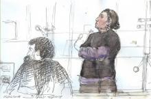 Croquis d'audience réalisé le 4 juin 2018 au procès de Christine Rivière, surnommée "Mamie jihad" (d), à la cour d'appel de Paris