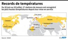 Carte du monde montrant les stations de mesure ayant enregistré un pic de température historique entre le 20 juin et le 20 juillet