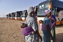 Des migrants africains s'apprêtent à monter dans des bus le 29 juin 2018 à Laghouat, au sud d'Alger, en vue de leur rapatriement mené par les autorités algériennes au Niger