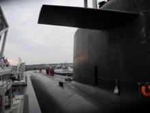 Le sous-marin nucléaire français Le Vigilant en octobre 2016 à L'Ile Longue dans la rade de Brest (ouest de la France)