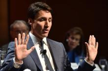 Photo du Premier ministre canadien Justin Trudeau prise le 17 mai 2018 durant un déjeuner à l'Economic Club of New York