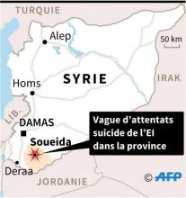 Carte de Syrie localisant la ville de Soueida et la province de Soueida, où une vague d'attentats suicide de l'EI a fait des dizaines de morts mercredi