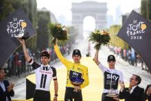 Le Gallois Geraint Thomas remporte le Tour de France à l'issue de la 21e et dernière étape, le 29 juillet 2018 sur les Champs-Elysées