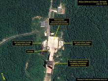 Image satellite fournie le 23 juillet 2018 par 38 North du démantèlement des infrastructures du site de Sohae, la principale base de lancement nord-coréenne de satellites