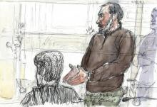Croquis d'audience réalisé lors d'un procès en appel pour complicité d'évasion de Djamel Beghal, le 7 octobre 2014 à Paris