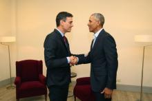 L'ex-président américain Barack Obama a rencontré le Premier ministre espagnol Pedro Sanchez à Madrid, le 06 juillet 2018 (photo fournie par le gouvernement espagnol)