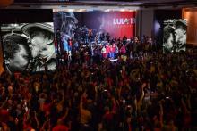 Des portraits de l'ancien président brésilien Luiz Inacio Lula lors de la convention nationale du Parti des Travailleurs, le 4 août 2018 à Sao Paulo