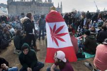 Un homme paré du drapeau canadien avec une fleur de cannabis à la place de la feuille d'érable, le 20 avril 2018 à Ottawo, en Ontario