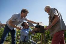 Mario Rega (à droite), agro-climatologue à l'université de Bourgogne, règle, le 2 août 2018 à Meursault, le boîtier "Notiphy Box", qui protège des pesticides en clignotant lorsque la parcelle vient d'