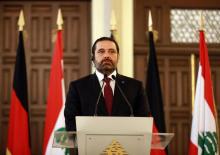 Lebanese Prime Minister Saad Hariri gives a press conference with the German Chancellor at his office in the capital Beirut on June 22, 2018 during her official visit to Lebanon.