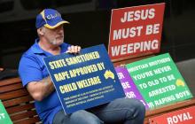 Manifestant australien devant la commission d'enquête royale sur les réponses institutionnelles aux crimes de pédophilie à Sydney, le 1er mars 2016