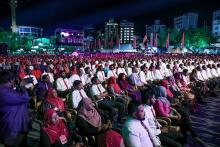 Des partisans du président Abdulla Yameen aux Maldives participent à l'un de ses meetings de campagne avant l'élection présidentielle, à Malé le 7 septembre 2018
