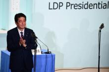 Le Premier ministre japonais Shinzo Abe au siège du Parti libéral-démocrate (PLD), le 20 septembre 2018 à Tokyo