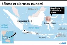 Carte localisant l'Île des Célèbes en Indonésie touchée par un séisme de magnitude 7,5 ayant entraîné une alerte au tsunami