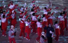La délégation de la Corée unifiée, lors de la cérémonie de clôture des Jeux olympiques d'hiver à Pyeongchang, le 25 février 2018