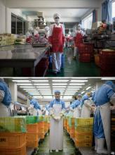 Montage créé le 17 septembre 2018 des portraits de deux ouvrières de l'agro-alimentaire dans leurs usines: Hong Kum Ju (en haut), 27 ans, près de Wonsan en Corée du Nord le 11 avril 2017 et Kim Si-eun