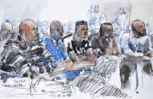Croquis d'audience représentant Booba (G) et Kaaris (D), lors de leur procès le 6 septembre 2018 à Créteil