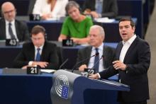 Le Premier ministre grec Alexis Tsipras s'exprime devant le Parlement européen à Strasbourg (France), le 11 septembre 2018