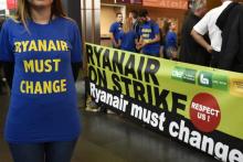 Les pilotes de Ryanair en grève à l'aéroport de Charleroi en Belgique, le 10 août 2018