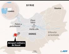 Localisation de l'aéroport militaire de Mazzé, dans la banlieue ouest de Damas où au moins 2 personnes ont été tuées dans la nuit de samedi à dimanche lors d'explosions sur le site
