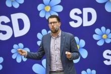 Le chef du parti anti-immigration Démocrates de Sudède (SD) Jimmie Akesson lors d'un discours de campagne à Landskrona, dans la sud de la Suède le 31 août 2018