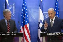 Le Premier ministre israélien Benjamin Netanyahu (D) et John Bolton, le conseiller à la sécurité nationale du président américain, lors d'une conférence de presse le 20 août 2018 à Jérusalem