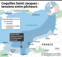 Carte de la Manche et localisation des heurts entre pêcheurs normands et britanniques sur une zone de pêche de coquilles Saint-Jacques, le 28 août