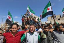 Photo de manifestants à Idleb, Syrie, contre l'opération imminente du régime de Bachar al-Assad, le 7 septembre 2018.