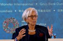 Christine Lagarde en conférence de presse, en marge d'une réunion annuelle du Fonds monétaire international (FMI) le 10 octobre 2018 sur l'île de Bali, en Indonésie