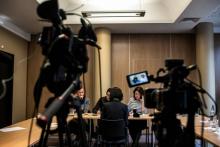 Conférence de presse de Mme Grace Meng, épouse du président d'Interpol disparu depuis plus de dix jours, le 7 octobre 2018 à Lyon, siège d'Interpol