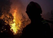 Des pompiers combattant l'incendie près de Monchique dans la région touristique de l'Algarve au Portugal regardent des arbres en flammes, le 8 oût 2018