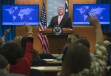 US Secretary of State Mike Pompeo, pictured at the State Department on October 23, 2018, said China's economic push "certainly presents risk to American interests"