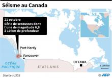 Carte localisant une série de secousses sur la côte ouest au Canada