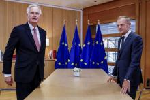 Michel Barnier, négociateur du Brexit pour l'Union Européenne, et Donald Tusk, président du Conseil Européen, le 16 octobre 2018 à Bruxelles