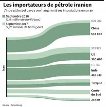 Graphique montrant l'évolution sur un an des volumes de pétrole iranien importés