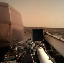 Tom Hoffman, chef du projet InSight, montre la première photo de Mars envoyée par la sonde le 26 novembre 2018