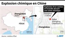 Localisation de l'explosion en Chine d'un camion transportant des produits chimiques devant une usine mercredi, à Zhangjiakou une ville-hôte des JO d'hiver 2022