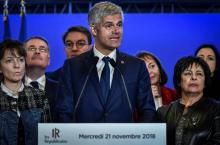 Laurent Wauquiez (LR) lors d'une conférence de presse à Paris, le 21 novembre 2018 pour présenter le "cabinet fantôme" de son parti