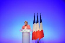 Marine Le Pen, la présidente du Rassemblement national (RN, ex FN), à Mantes-la-Ville, près de Paris, le 23 septembre 2018