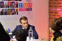 Emmanuel Macron reçu dans l'espace de coworking "SMart/LaVallée" dans la commune bruxelloise de Molenbeek, le 20 novembre 2018