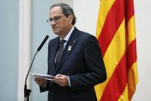Le président catalan Quim Torra réagit aux lourdes réquisitions du parquet espagnol contre des dirigeants indépendantistes de la région, dans une déclaration à Barcelone le 2 novembre 2018