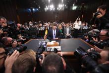 Le patron de Facebook Mark Zuckerberg, devant une commission sénatoriale le 10 avril 2018 à Washington