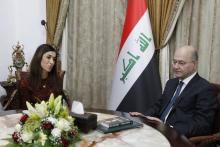 Le président irakien Barham Saleh recevant à Bagdad la Nobel de paix Nadia Murad le 12 décembre 2018