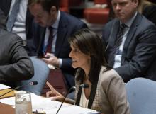 L'ambassadrice américaine à l'ONU Nikki Haley lors d'une réunion du Conseil de sécurité le 26 novembre 2018.