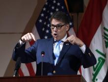 Le secrétaire américain à l'Energie, Rick Perry, lors d'une conférence de presse tenue en marge d'un sommet organisé à Bagdad par la chambre de Commerce américaine, le 11 décembre 2018