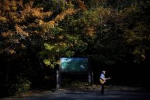 Le musicien japonais Kyochi Watanabe joue de la guitare à l'entrée de la forêt Aokigahara, connue comme "la Forêt des suicides", à Narusawa (préfecture de Yamanashi), le 1er novembre 2018