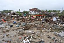 La région de Pandeglang, sur la côte ouest de Java, d'après une photo aérienne prise le 25 décembre, trois jours après le tsunami causé par l'éruption d'un volcan