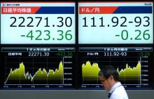 Un passant marche devant des écrans montrant le prix d'actions et le taux de change de devises face au dollar américain à Tokyo, au Japon, le 15 octobre 2018